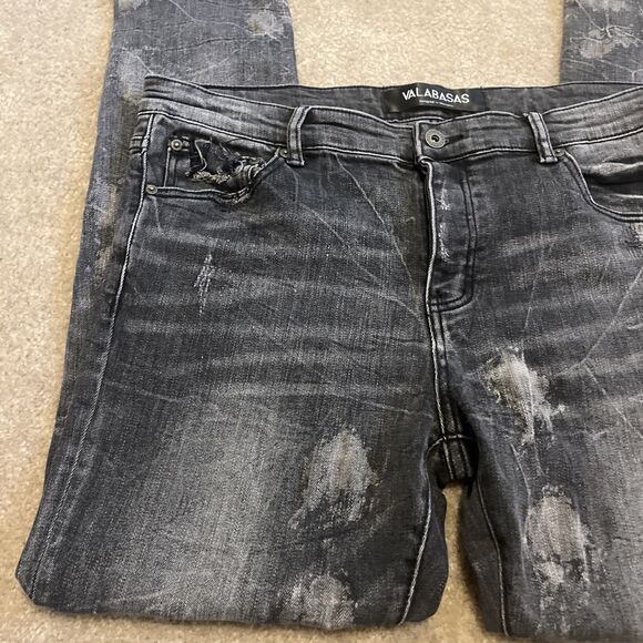 VALABASAS Jeans Men's Button Fly Stretch Skinny Distressed Black Size 38x30 - Picture 2 of 16